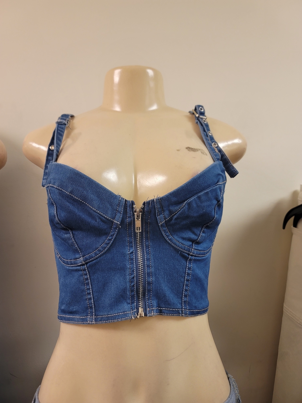 2 Denim Zip-Front Bustier Crop Top - Light & Medium Blue - Picture 4 of 7